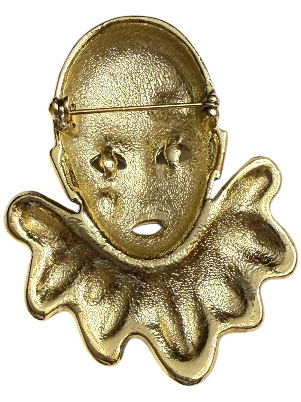 Vintage Harlequin Clown Face Brooch Gold Tone Enamel Pierrot Mask Statement Pin